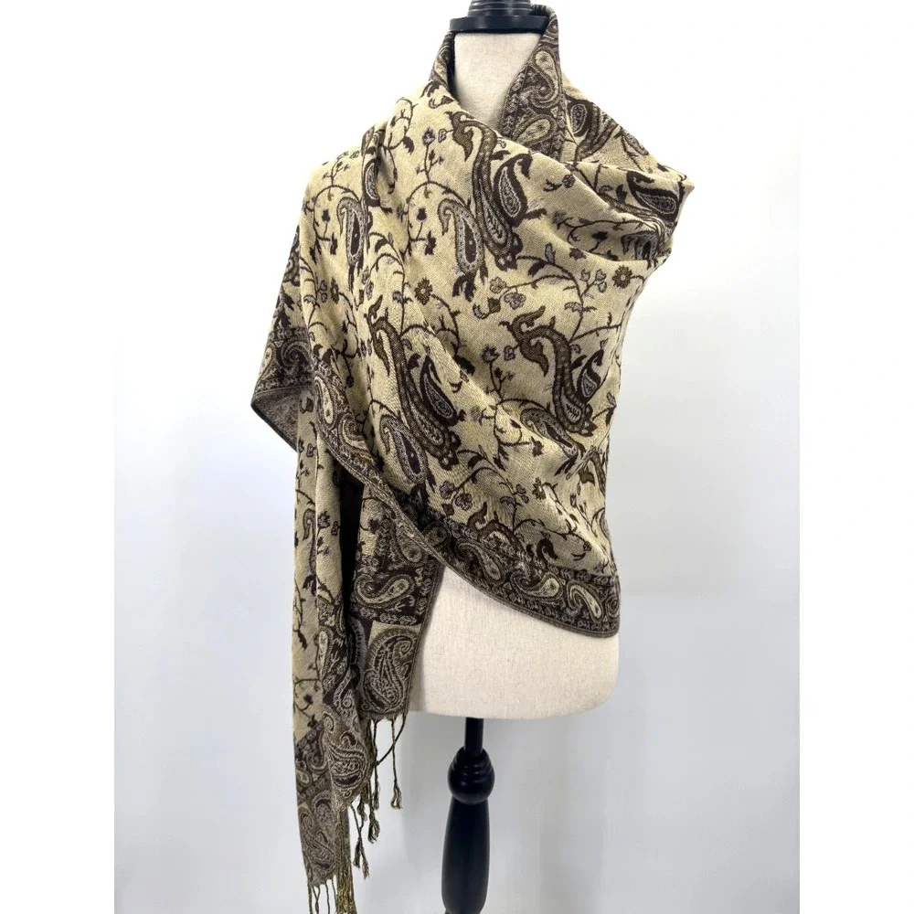 Pashmina Shawl Scarf Wrap Paisley Floral Brown Tan Cream Cashmere Earthy Garden